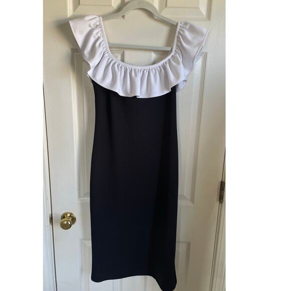 H&M Flounced Off The Shoulder Dress Sz M Black White Sheath Stretch Coquette - Picture 3 of 10